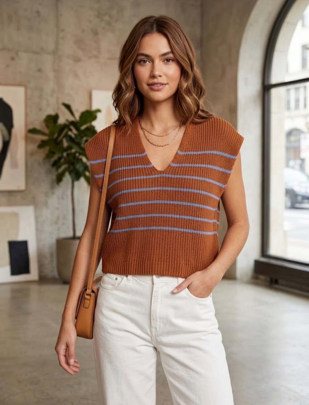 Evereve Striped V-Neck Sleeveless Sweater Vest Brown Blue Size XS